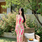 Pink floral print strapless fitted waist long sexy ball gown R7531
