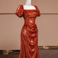 Orange-red square neckline fitted waist long ball gown, bridal dress R8311