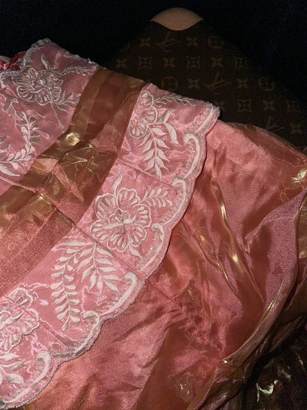 Gold and pink strapless long ball gown with a cinched waist and pleated skirt R6971