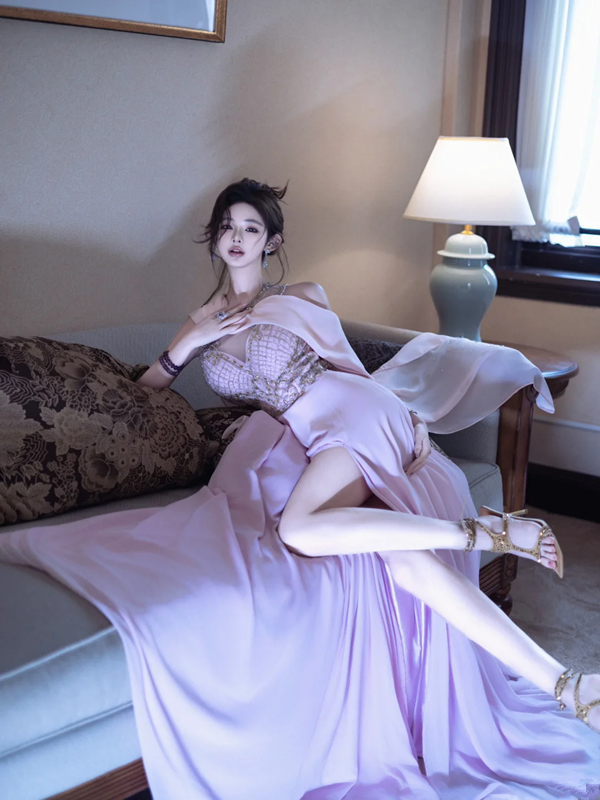 Light Purple Sleeveless Waist-Cinched Fitted High-Slit Sexy Floor-Length Prom Dress R7091