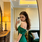 Green halter neck, fitted waist, slimming and sexy long ball gown R8615