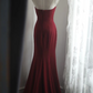 Red halter-neck, fitted waist, bodycon long ball gown R6692