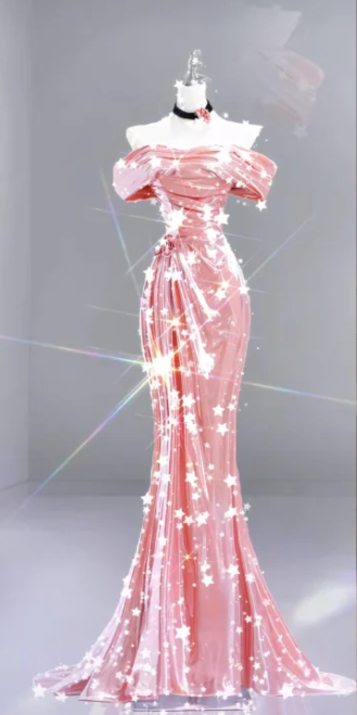 Pink off-the-shoulder, fitted waist, bodycon mermaid long ball gown R6452