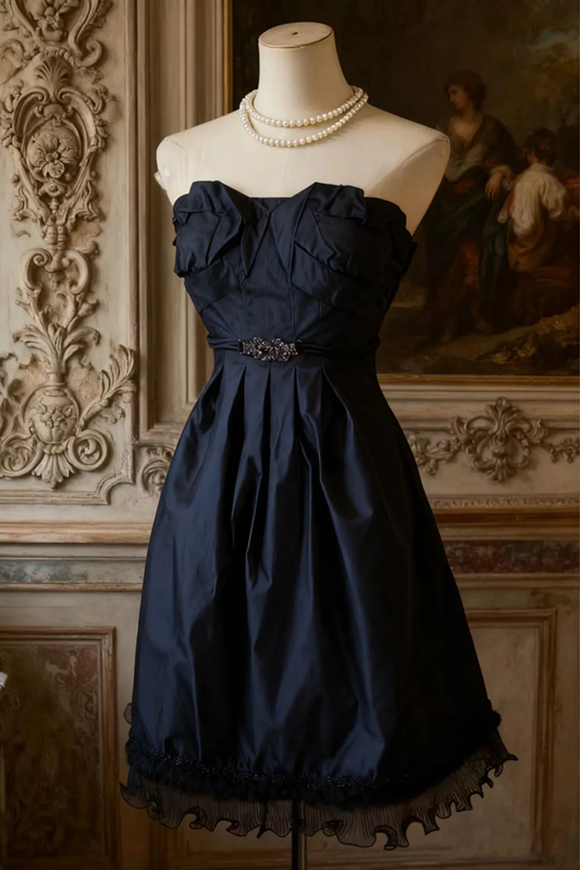 Navy blue strapless fitted waist sexy short ball gown R6732