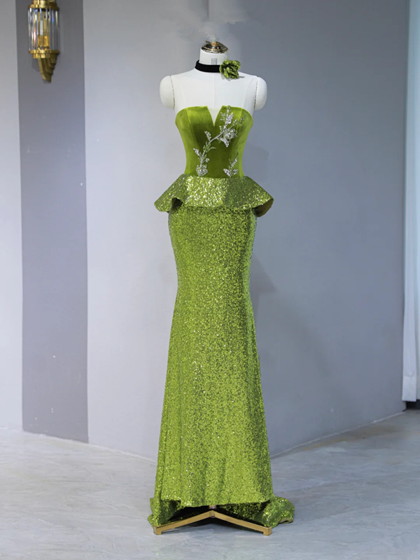 Green strapless fitted long ball gown R9038
