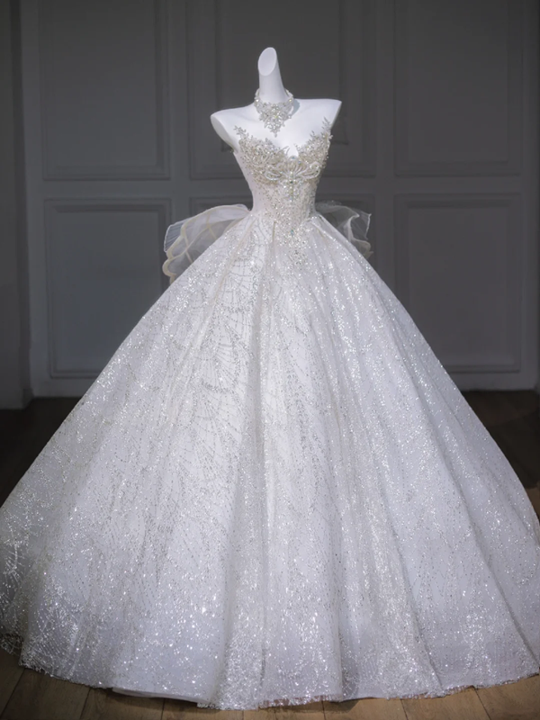 White butterfly tube top diamond waist slim fit puffy skirt long dress bridal gown R5816