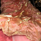 Gold and pink strapless long ball gown with a cinched waist and pleated skirt R6971