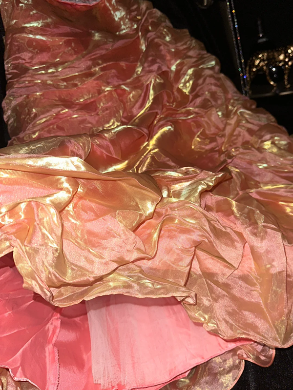 Gold and pink strapless long ball gown with a cinched waist and pleated skirt R6971