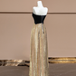 Black strapless, fitted waist, long ball gown with gold trim R8373