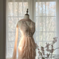Champagne pink beaded bodice, fitted waist, tiered skirt, short ball gown R7687