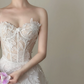 White strapless appliqué waist-cinched slim-fit long elegant prom dress, wedding dress R7958