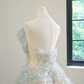 Light blue one-shoulder floral dress with a full skirt, long ball gown R8487