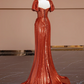 Orange-red square neckline fitted waist long ball gown, bridal dress R8311