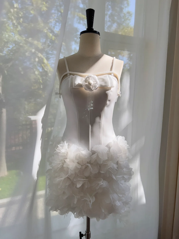 White suspenders waist slim three-dimensional flower skirt short skirt homecoming dress R5372