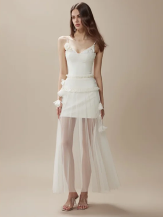 White suspenders waist slim hip short skirt sandy skirt long skirt homecoming dress R4390