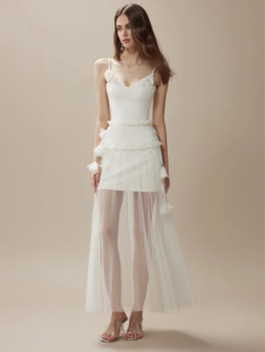 White suspenders waist slim hip short skirt sandy skirt long skirt homecoming dress R4390