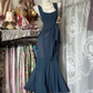 Navy blue tank top, camisole, fitted waist, fishtail skirt, long ball gown R7564
