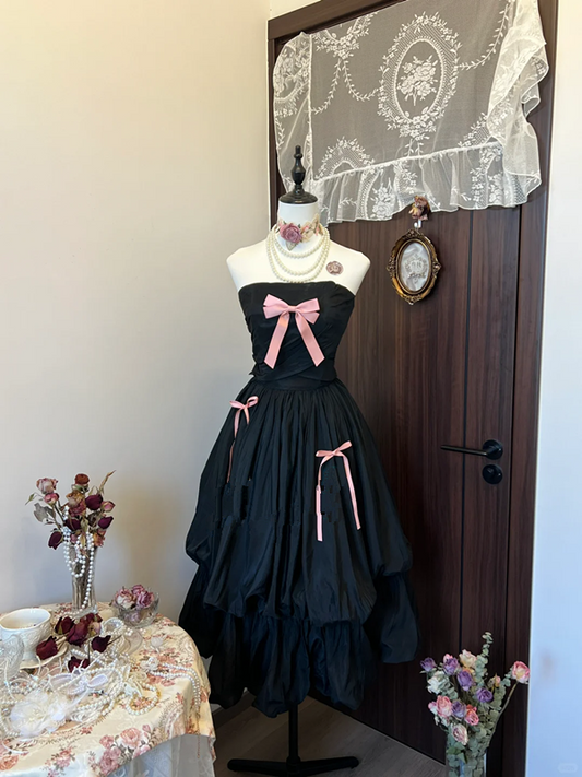 Black tube top with small bow design, slim waist and cake skirt, homecoming dress R4309
