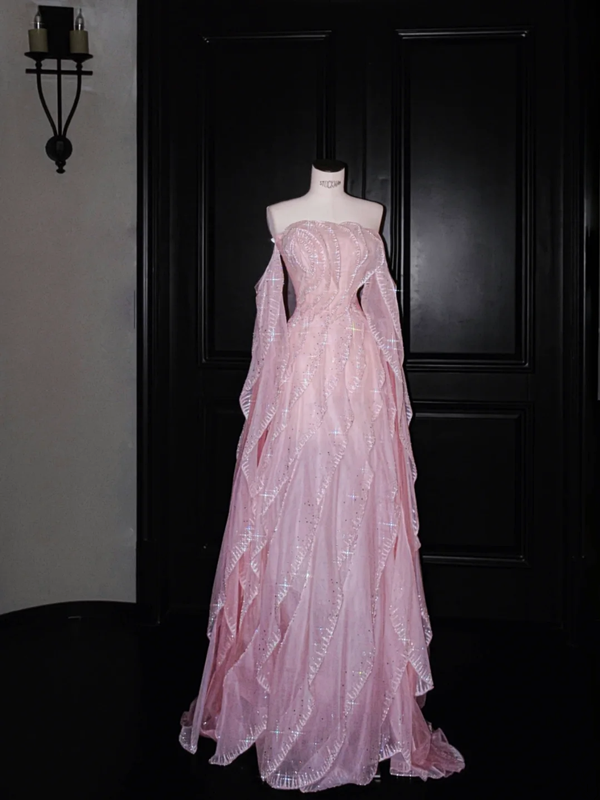 Pink tube top girl waist cute long skirt, prom dress R5621