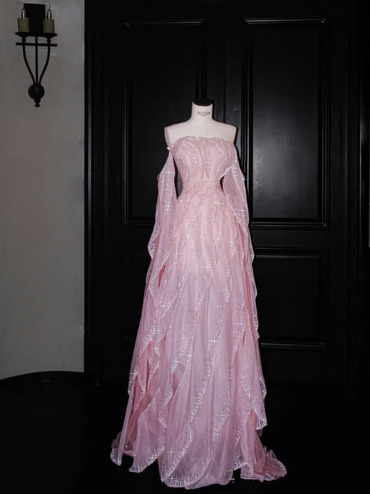 Pink tube top girl waist cute long skirt, prom dress R5621