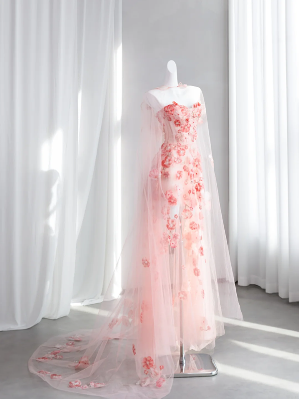 Light pink strapless fitted waist floral long ball gown, bridal dress R8427