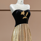 Black strapless, fitted waist, long ball gown with gold trim R8373