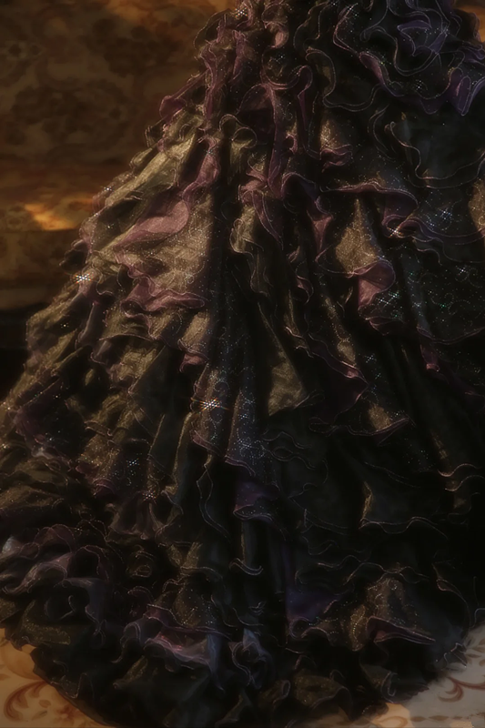 Black strapless ball gown with a cinched waist and a tiered cake skirt; bridal gown R7284