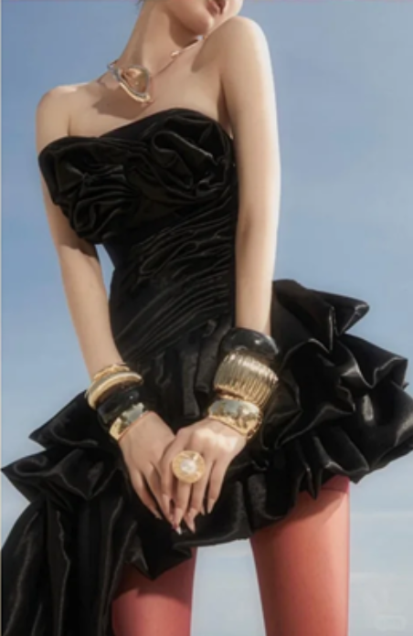 Black strapless satin pleated waist slim irregular skirt short skirt homecoming dress R4430