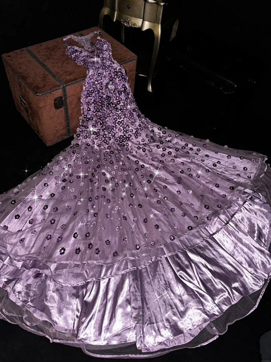 Purple halter-neck fitted long ball gown R7051