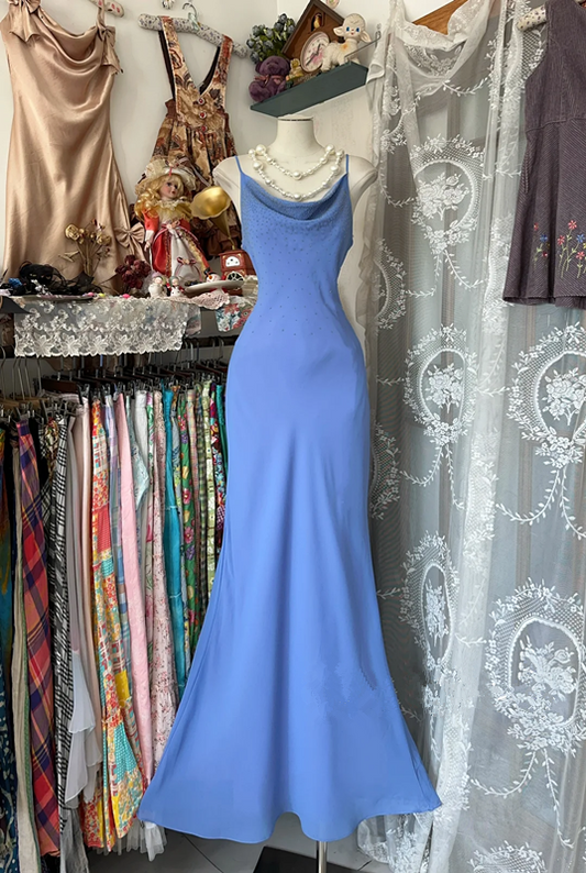 Blue halter neckline slim waist sexy fishtail maxi ball gown R6213