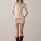 Halter Off-Shoulder Long Sleeve Dress With Ruched Skirt And Mesh Detail R9283