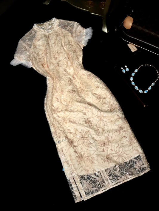 Apricot-colored Chinese-style dress, fitted waist, embroidered and printed mid-length ball gown R6851