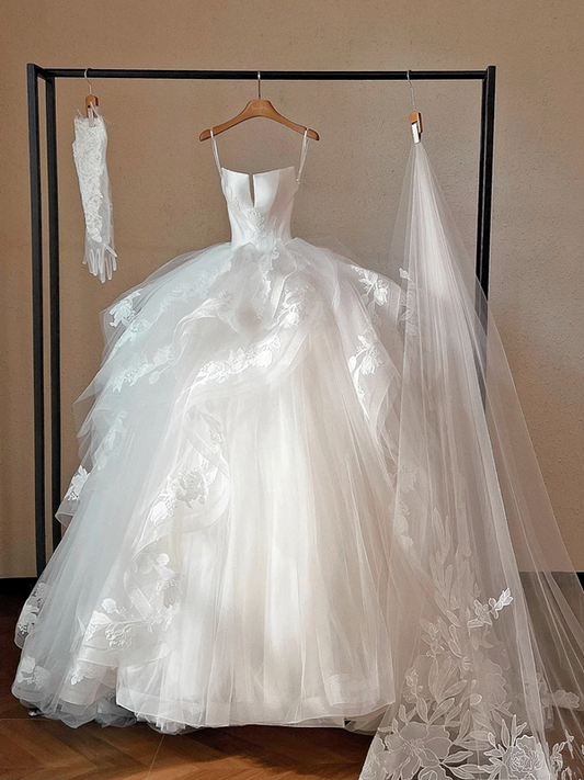 White suspender waist puffy tulle bridal dress R5699