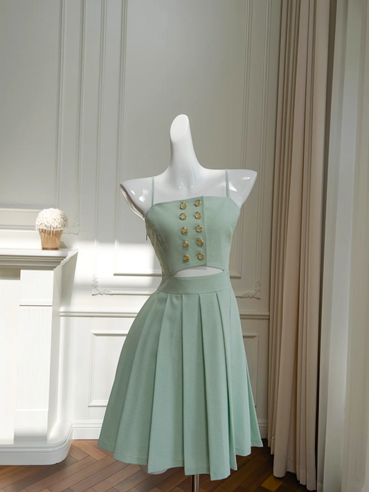 Light green suspender waist slim pleated short skirt homecoming dress R5334