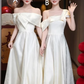White satin one-shoulder slim waist A-line maxi ball gown, bridesmaid dress R6114