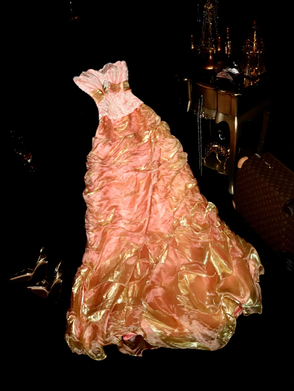 Gold and pink strapless long ball gown with a cinched waist and pleated skirt R6971