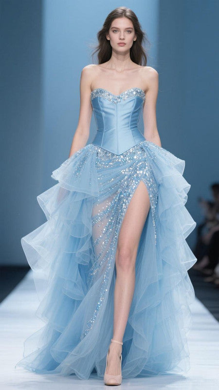 Blue tube top slim waist cake long dress, prom dress R5342