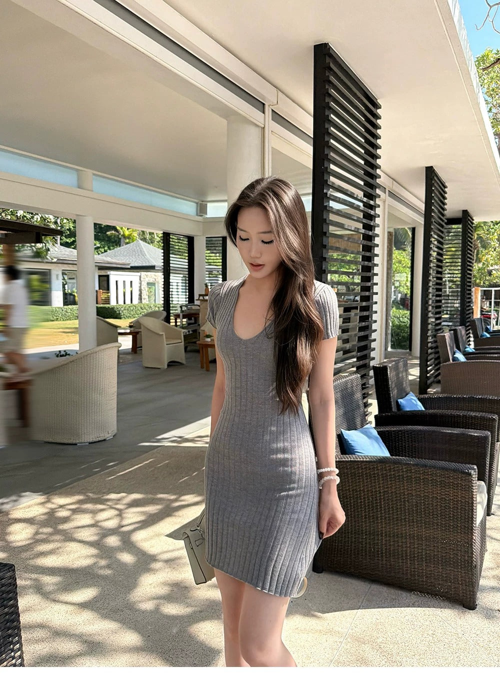 Casual Minimalist Ribbed Bodycon Mini Dress V-Neck Solid Color Knit R9189