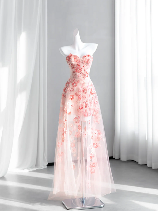 Light pink strapless fitted waist floral long ball gown, bridal dress R8427