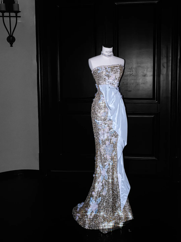 Gold sequined elegant tube top slim waist long dress, prom dress R5657