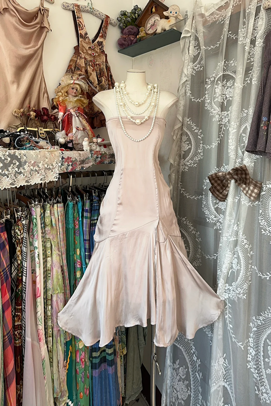 Light pink strapless satin fitted short dress, ball gown R6292