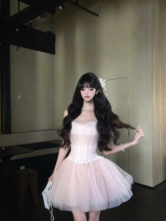 Pink tube top waist sexy puffy princess tulle skirt homecoming dress R5080