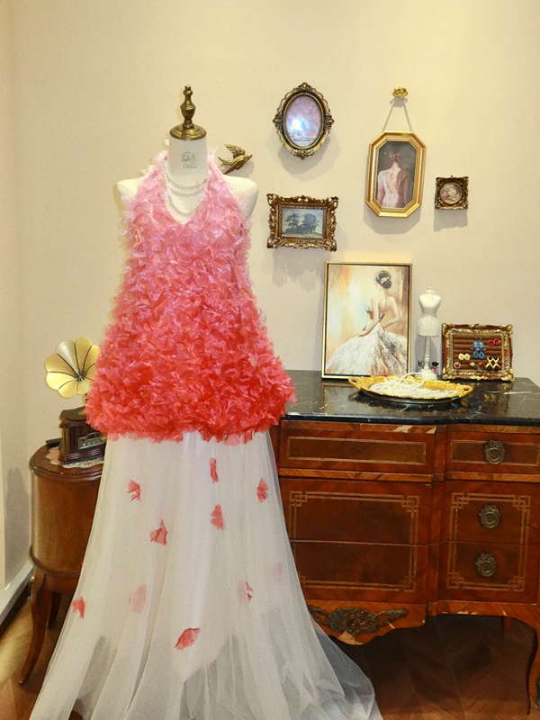 Pink Halter Neck Floral Top with White Tulle Midi Skirt, Bridal Cocktail Gown / Ball Gown R7131