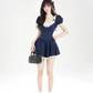 Navy blue puff sleeve waist slim short skirt homecoming dress R5262