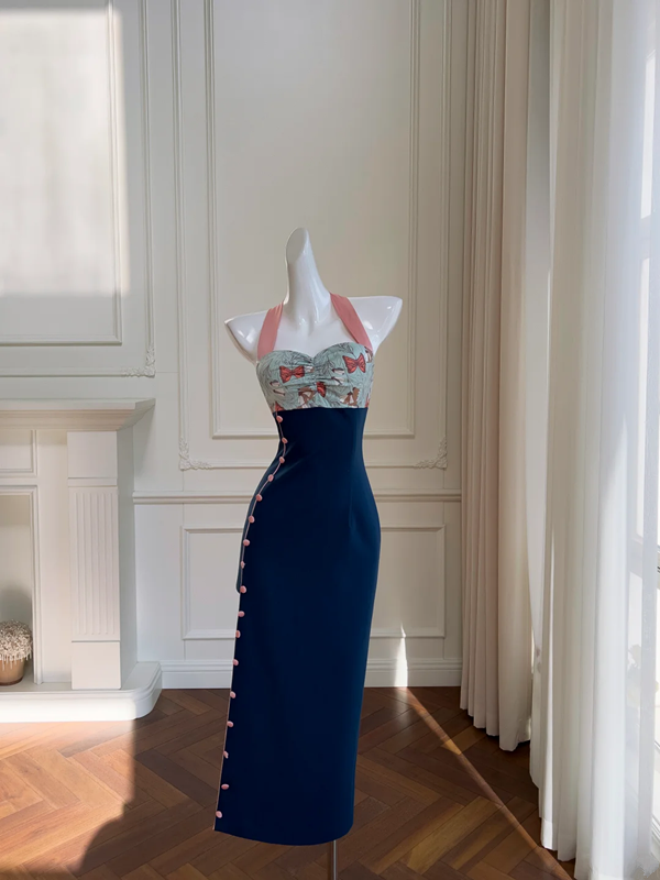 Blue halter neck slim waist hip long skirt homecoming dress R5222