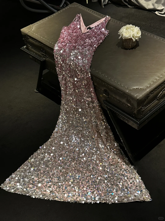 Pink gradient V-neck sequined fitted waist long ball gown, bridal dress R8828