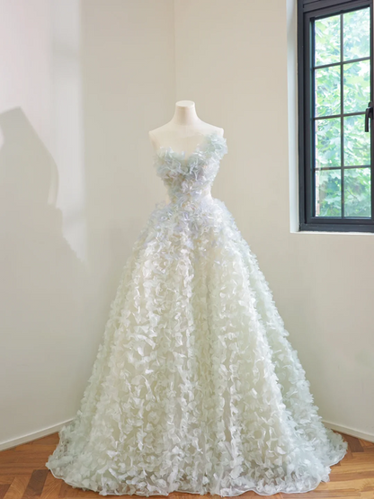 Light blue one-shoulder floral dress with a full skirt, long ball gown R8487