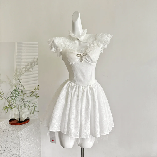 White lace short sleeve waist slim fit short skirt homecoming dress R4350