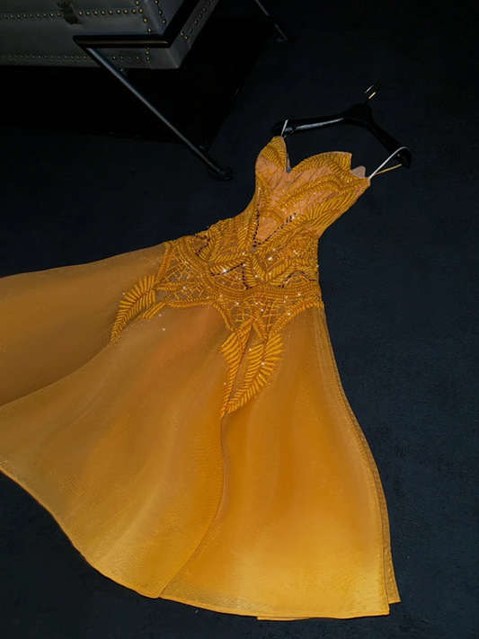 Mustard yellow halter-neck, fitted waist, full skirt, mid-length ball gown, bridal dress R8798