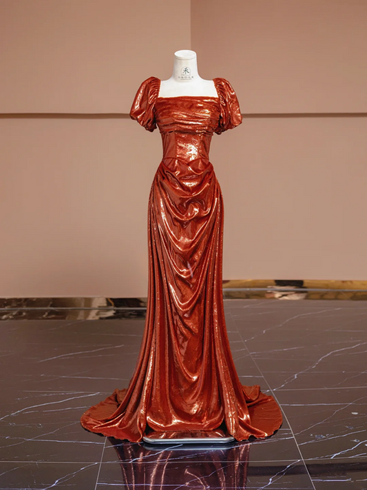 Orange-red square neckline fitted waist long ball gown, bridal dress R8311